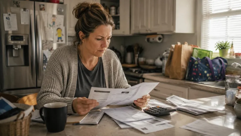 woman reviewing credit card statements at kitchen counter managing debt