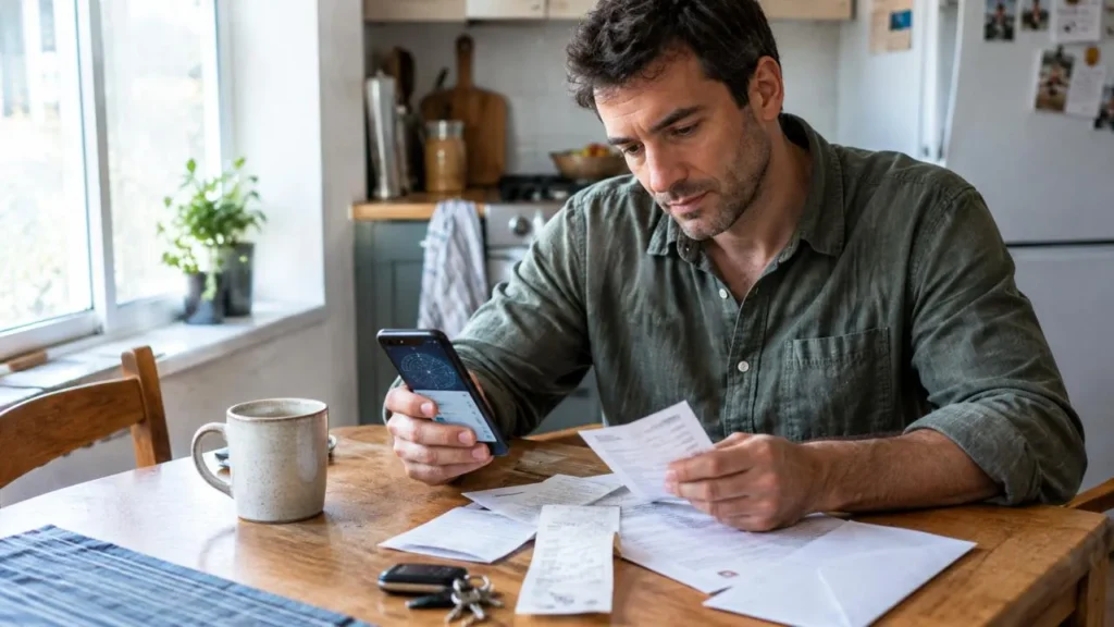 American man reviewing household bills and a phone while reflecting on his money habits.