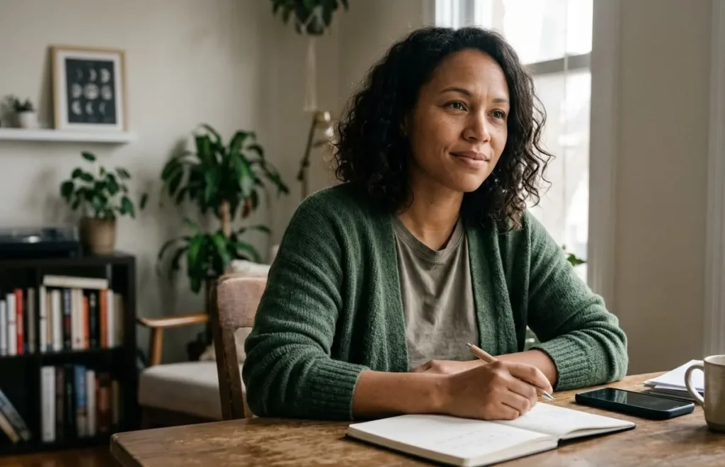 Woman reviewing her notebook in a bright home workspace, reflecting financial confidence and intentional money habits.