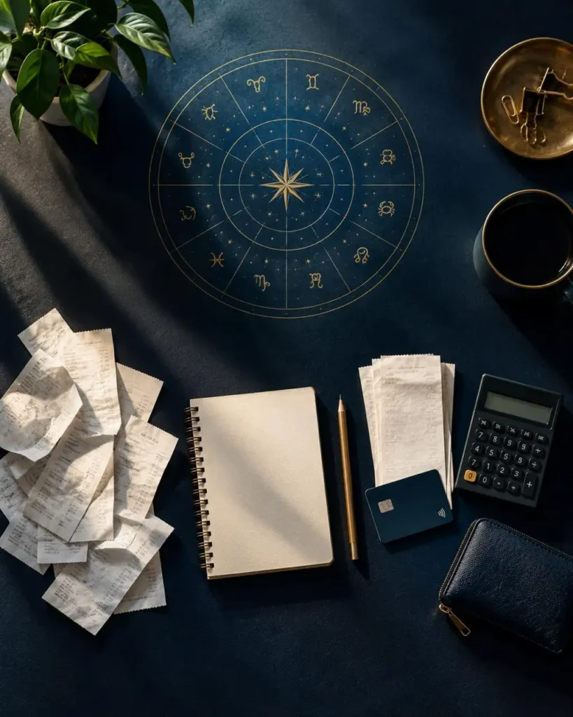 Money zodiac sign financial self audit. Celestial wheel, calculator, notebook, and receipts representing money personality and spending habits.